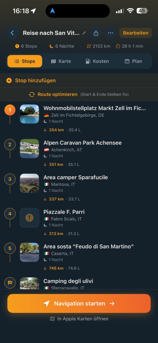 RoadChapter Pro – geplante Reise mit Etappen